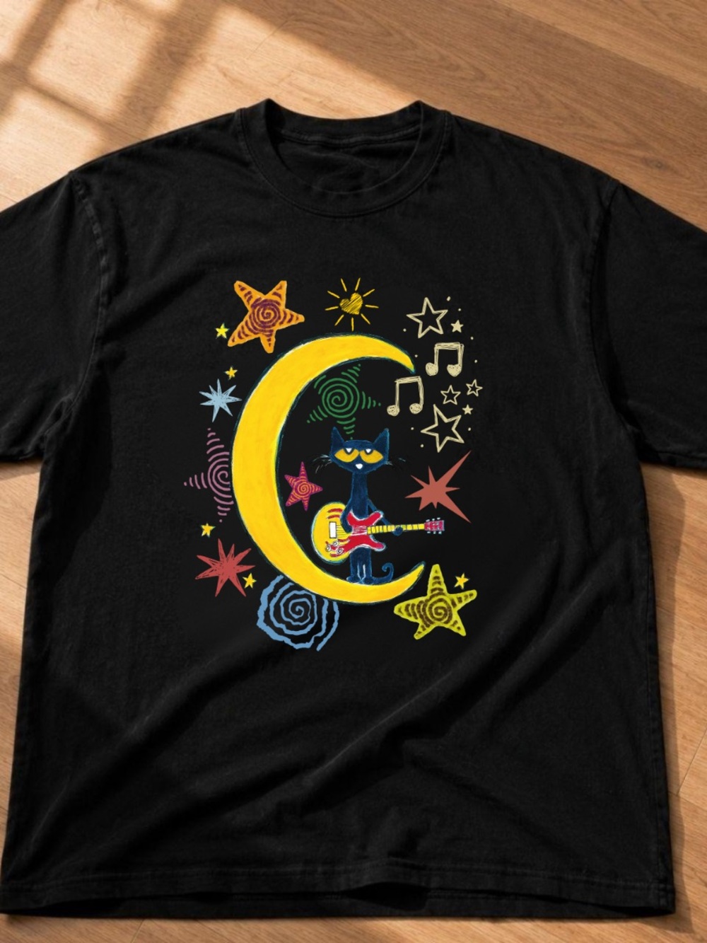 Graphic Cat on Moon Rock Band Tee - Black